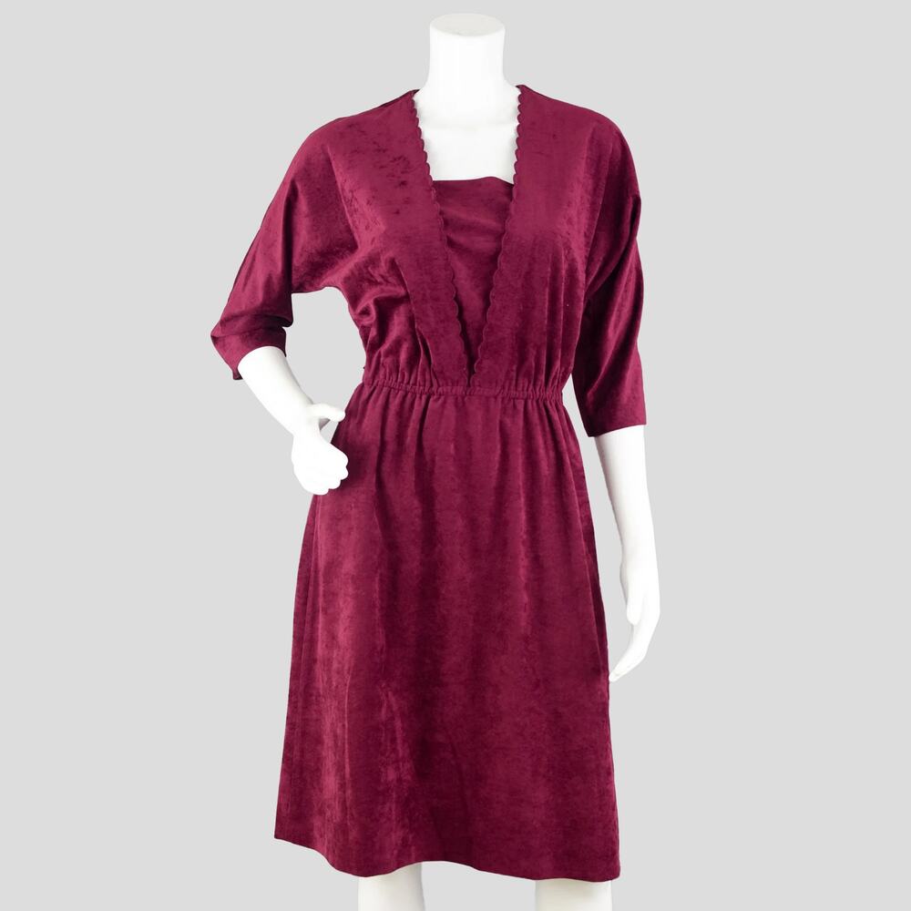 Vintage 70s Velvet Dress, Scallop Neckline & Knee Length, Women's Small - Medium